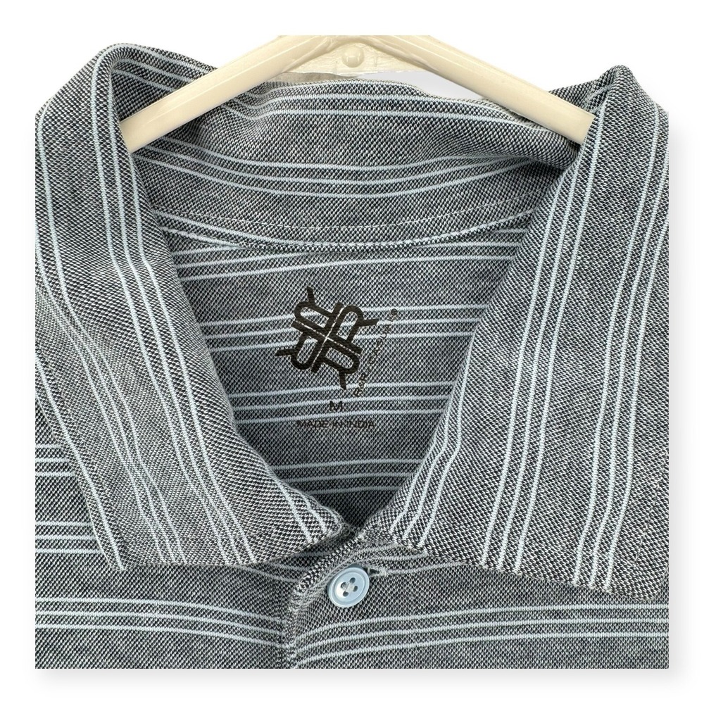 R&R Casual Polo Shirt Mens Medium Short Sleeve Gray Stripe Rugby‎ - Picture 3 of 5